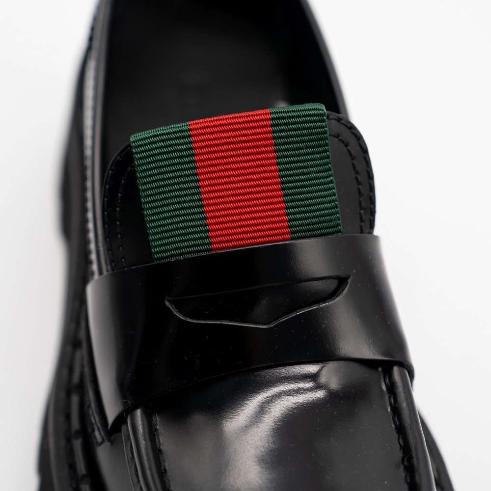 size 36G 6 US Gucci Lug Sole Penny Loafers Black Web Leather - Picture 8 of 12